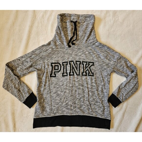 Pink Victorias Secret Spellout Gray Logo Pullover Cowl Neck Sweatshirt Size Med - Picture 1 of 9